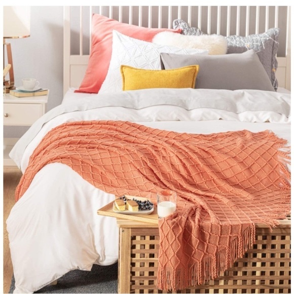 Light Pink Modern Farmhouse Boho Tassel Knit Throw Cozy Fringe Patterned Blanket - Picture 11 of 16